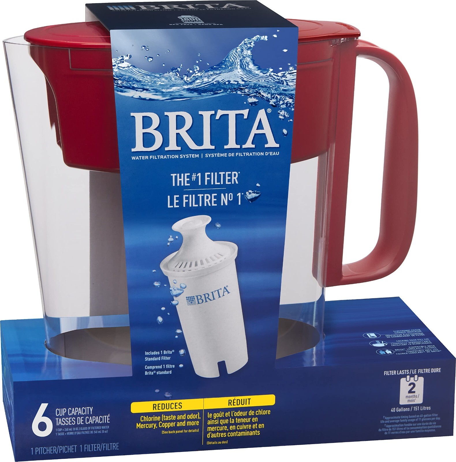 Brita Small 6 Cup Denali Water Filter Pitcher with 1 Standard Filter, Red