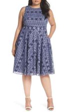 Eliza J Navy Blue Stripe Lace A-Line Dress 22W $198 NWT Wedding Cocktail Formal