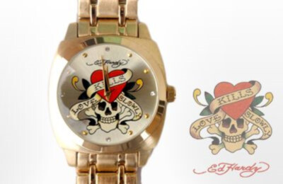 Ed Hardy Love Kills Slowly Gold Tone Skull Dial Quartz Watch w/Box Ed hardy skull watch - Gem main image 2