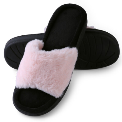 Aerusi Women Cozy Fuzzy Faux Fur Slide Open Toe Slippers Memory Foam House Shoes