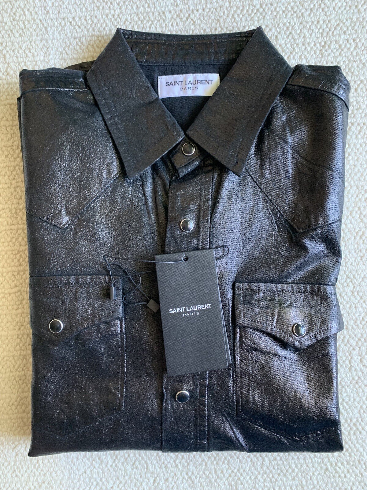 Camicia denim smaltato abbottonato lucido Saint Laurent nuova con etichetta