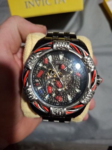 52mm Auto BOLT KING SNAKE Skeleton 7.75” Black Bracelet Invicta Mens Watch