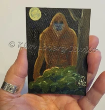 moon Bigfoot cryptid Sasquatch Original ACEO Loberg Nature art mini Oil painting