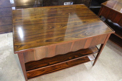 Pair Mid-Century Rosewood 36'' Tables; Highly Figured Veneers & Scalloped Skirt