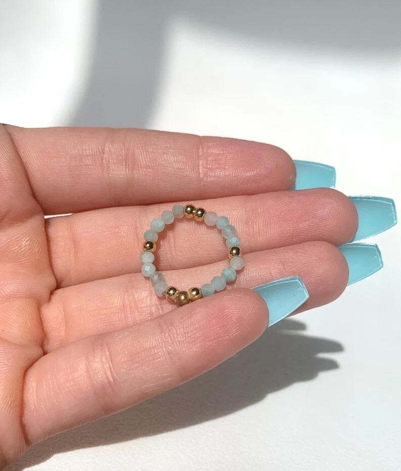 Anillos ajustables con cuentas redondas facetadas de amazonita natural para niñas mujeres Foto 4 de 4