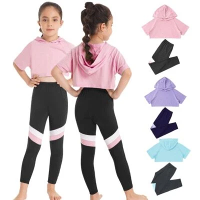 MARKENLOS iEFiEL Mädchen Sport T-Shirt Kapuzenshirt Kurzarm Crop Top und Slim Fit Leggings