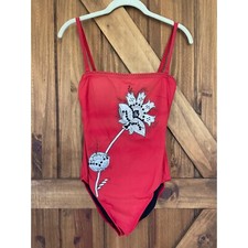 Vintage Gottex Red Embroidered Square Neck One Piece Bathing Suit