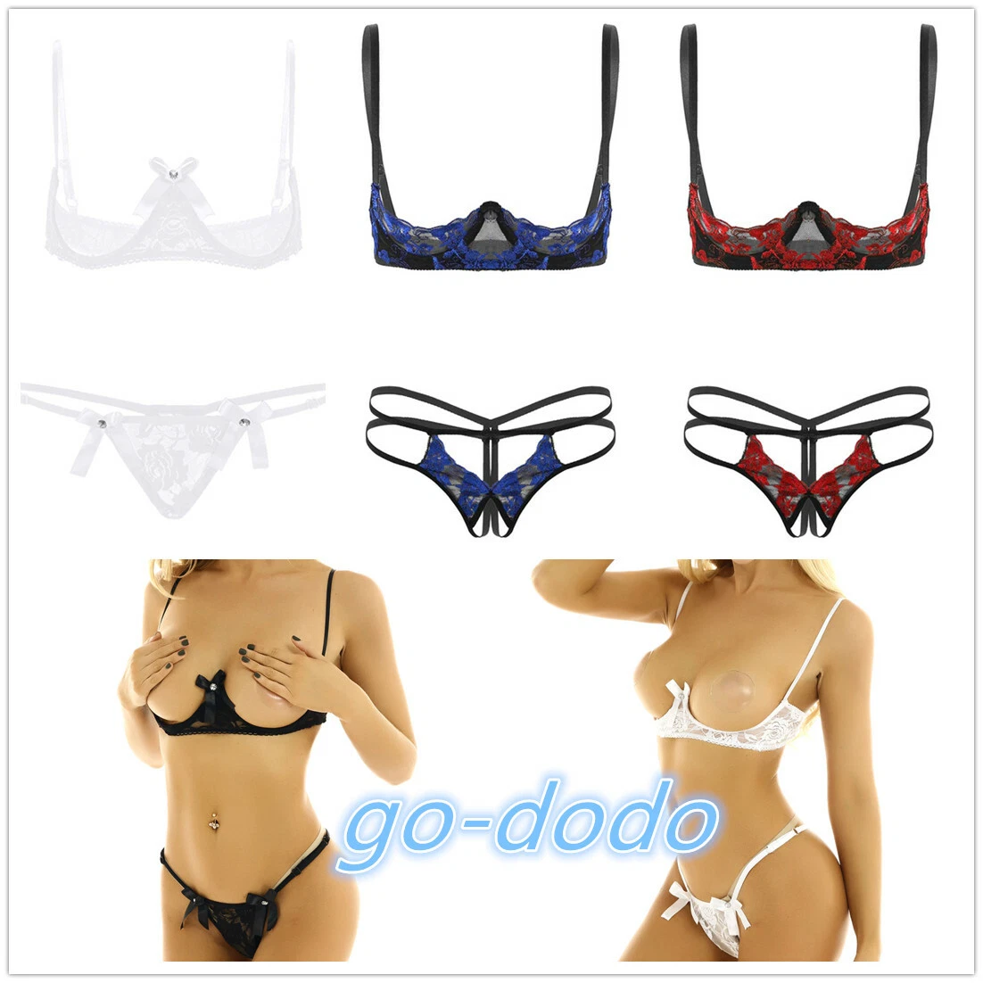 Women 1/4 Cup Lace Unlined Shelf Bra Cupless Underwire Bustier Bralette G- string