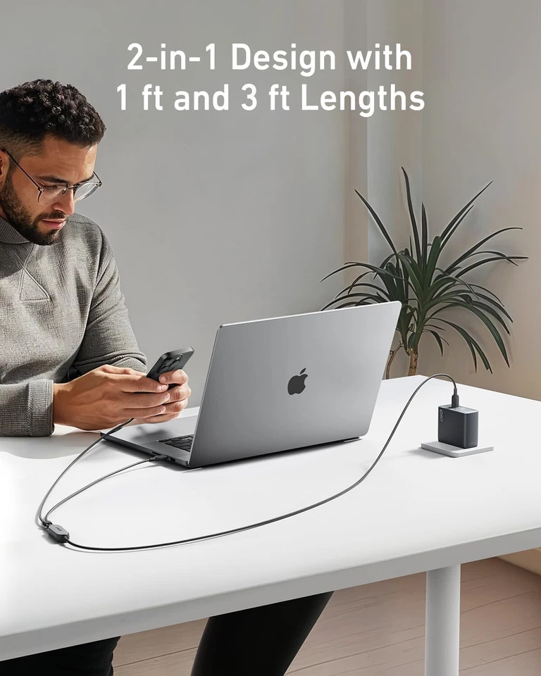 Anker 2-in-1 USB C to USB C Cable 140W Max Fast Charging 4ft Braided Nylon Cord - Image 2 of 4