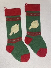 2 Wool Knit Christmas Stocking Bird Partridge Cottage Cabin Vintage Farmhouse