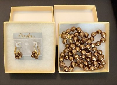 Vintage Carolee Brown Faux Pearl Necklace 18'' & Cluster Earrings Set Gold Tone
