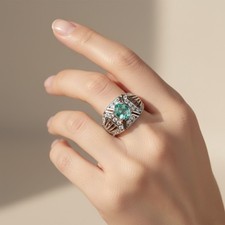 PRISTINE NEON GREEN EMERALD 0.69CT 925 STERLING SILVER HANDMADE RINGS SIZE 7.5