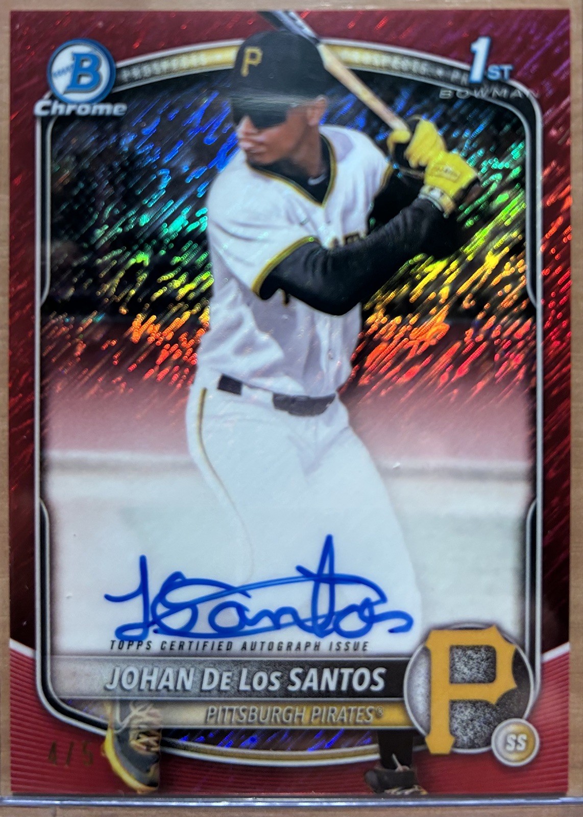 Johan De Los Santos 2025 1st Bowman Chrome Red Shimmer Refractor Auto /5 Pirates