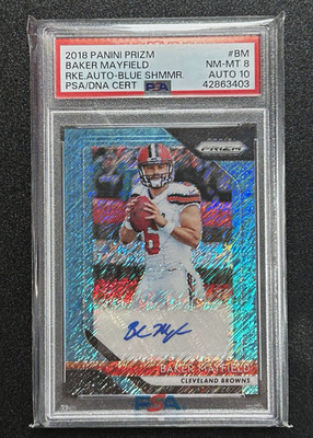 2018 Panini Prizm Baker Mayfield Rookie Auto Blue Shimmer /25 PSA 8 RA-BM