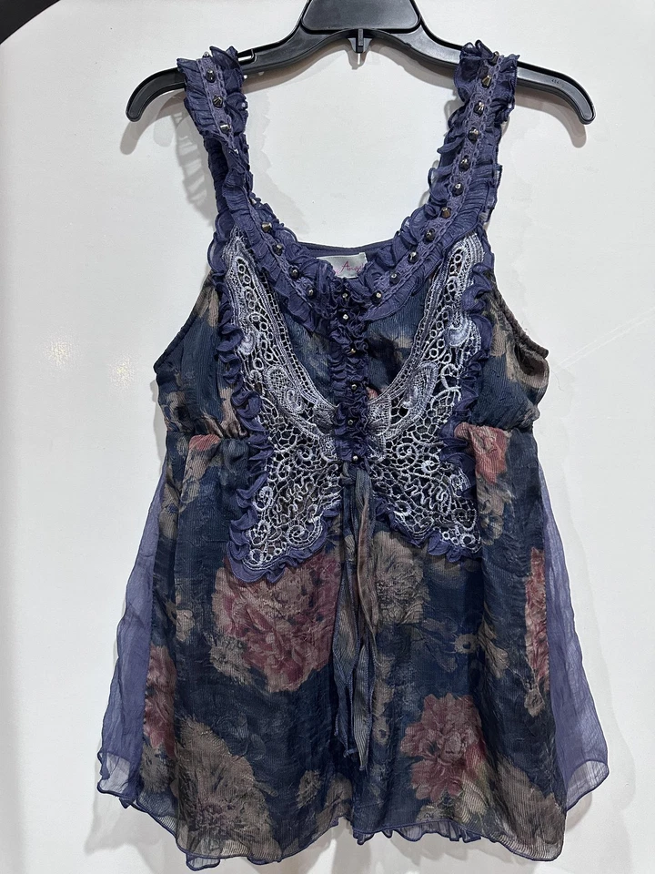 Pretty Angel Top Mujer Grande Azul Floral Encaje Volantes Boho Transparente Mezcla Seda Hada Foto 2 de 4