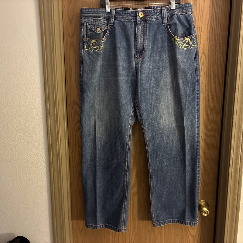 Vintage Clench Mens Y2K Jeans 42w x32 Embroidered Denim Flap Pocket Hip Hop