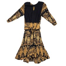 Vintage Batik Pattern Midi Dress Sz 6 Black Gold Paisley Print Tie Waist