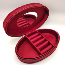 Jewelry Travel Case With Mirror Oval Zipper Red Velvet Floral Pattern Vintage