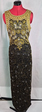 Vtg Laurence Kazar Black Gold Beaded 100 Silk Dress Size Small Evening G155