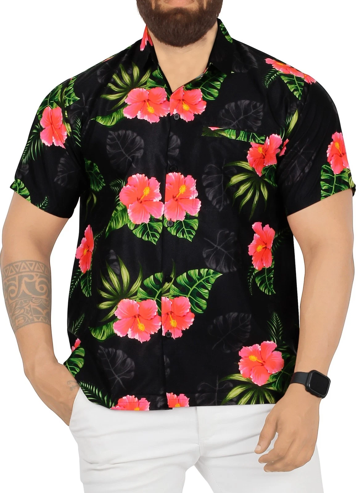 HAPPY BAY Men's Hawaiian Short Sleeve Button Down Shirts S Hibiscus Palm, Black