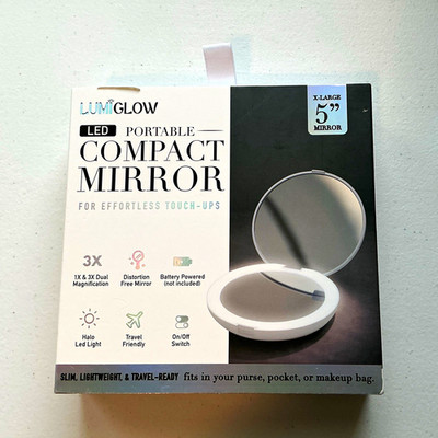 LumiGlow LED Lighted Portable Compact Mirror 5.5'' Round, 3X Magnifying White