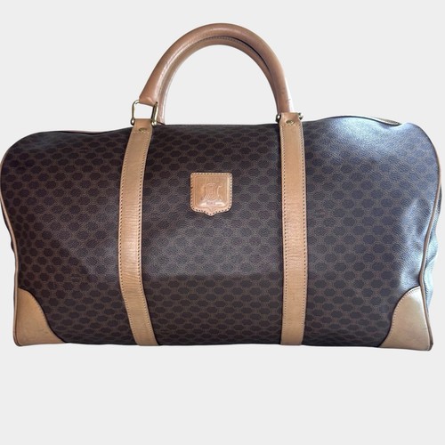 Celine VTG Boston Macadam Weekend Duffel Travel Bag Coated Canvas Brown Leather
