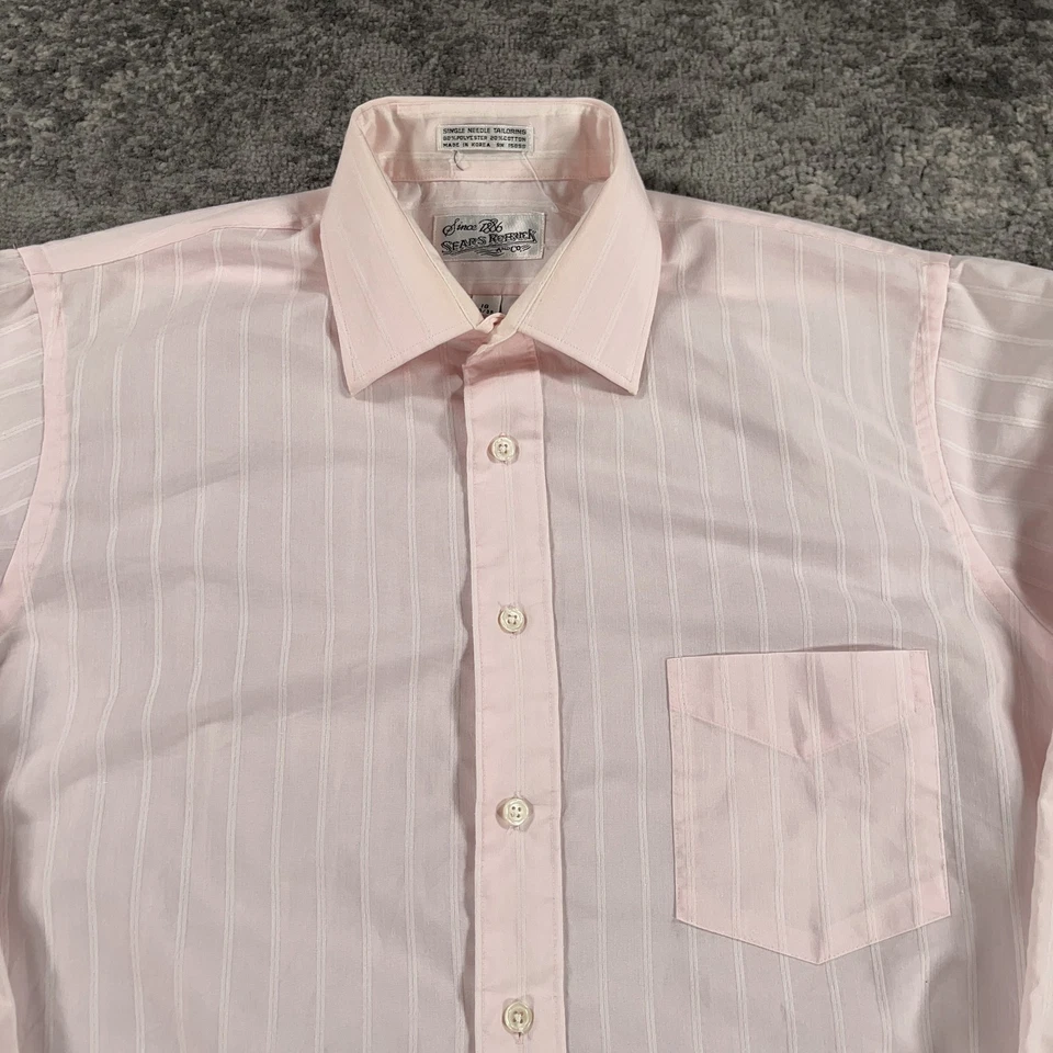 Camisa vintage Sears Roebuck para hombre 16 34/35 rosa a rayas vestido abotonado años 80 Corea Foto 2 de 4