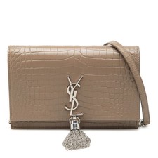 Saint Laurent Small Croc Embossed Leather Monogram Kate Tassel Wallet on Chain