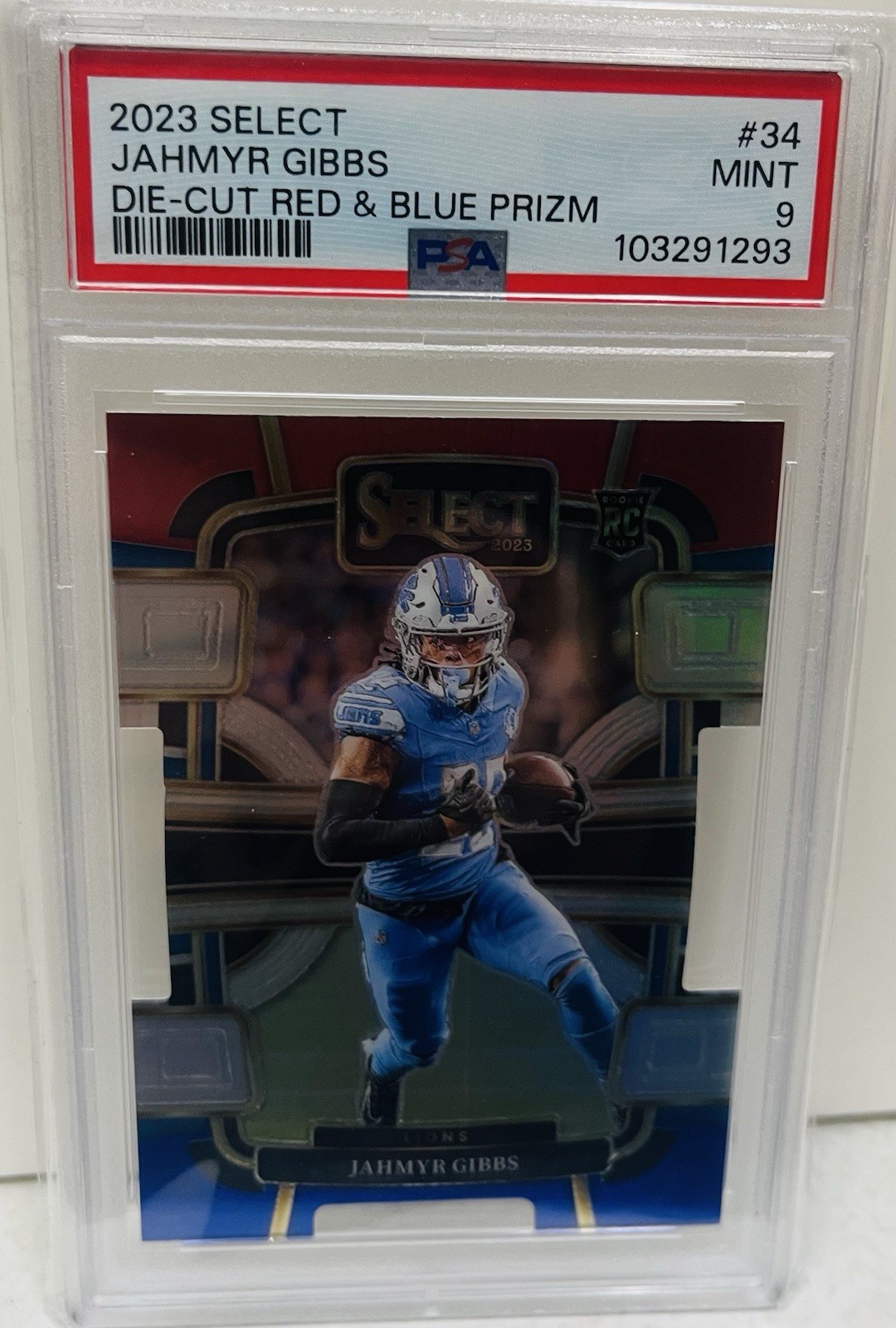 2023 Panini Select Jahmyr Gibbs #34 Red & Blue Prizm Die-Cut PSA 9 Lions