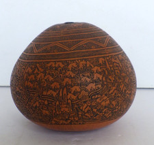 VTG Folk Art Peruvian Handcrafted Carved Gourd Intricate Detailed Story Telling