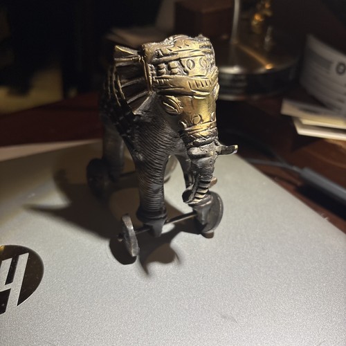 Vintage 19th Century Brass Elephant Figurine OnWheels 5”x7”W/Rider Made in India