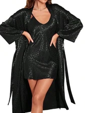 Women's Leopard Print Satin Nightgown With Matching Long Robe And Adjustable Str