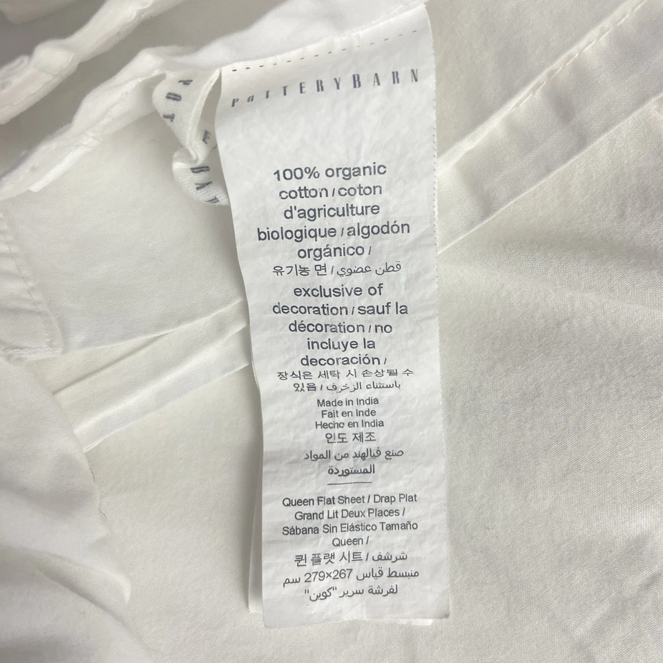 Sábana plana blanca POTTERY BARN GRAND ORGANIC Queen rosa punto de hotel bordada Foto 3 de 4