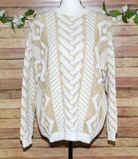 VTG Jane Adams White & Gold Geometric Metallic Sweater Size XL USA Made