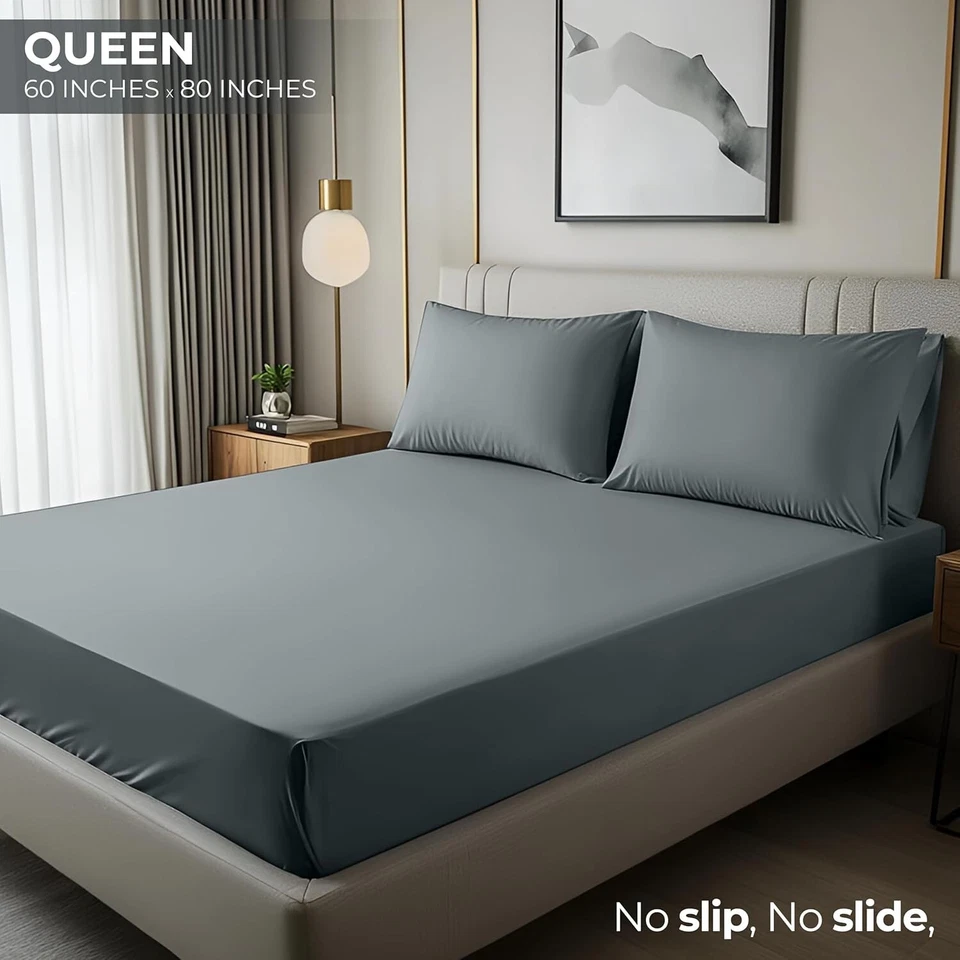 Sábana Ajustable Queen Solo - Bolsillo Profundo Microfibra Suave, Gris, Arrugas y Desvanecimiento Resi Foto 2 de 4