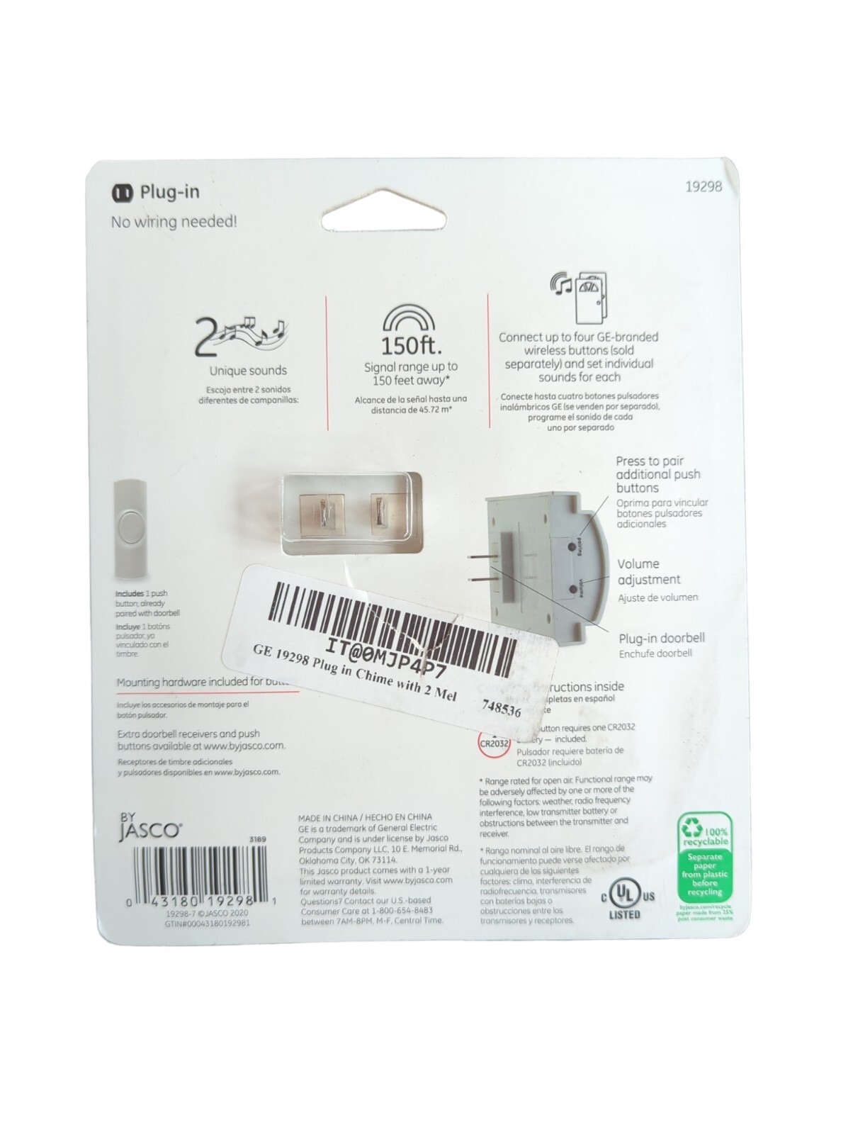 GE Plug-In Chime Doorbell Kit w/ Push Button Westminster Bell Wireless White