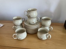 DENBY DAYBREAK set Of 8 Cups & Saucers Vintage Tea/Coffee Beige w/ White Flower