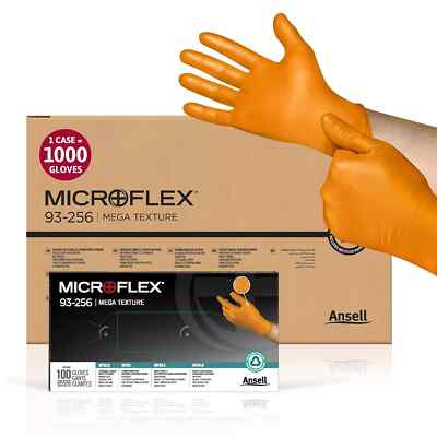 Microflex 93-256XL CASE Mega Texture XLarge Orange Nitrile Gloves 1,000