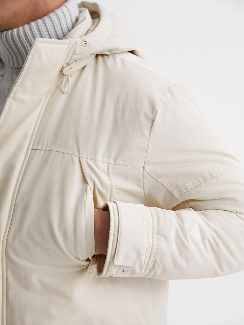 REISS MENS Walker Hooded Quilted Mid Length Parka Jacket in White