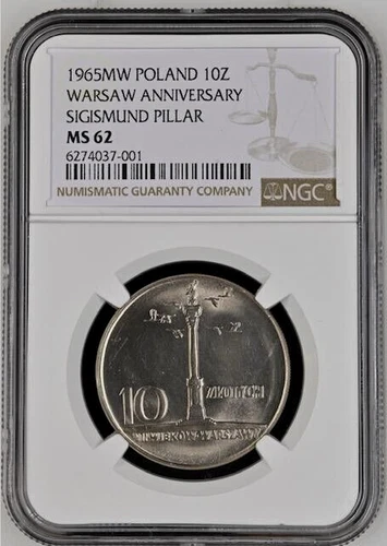 Poland 10 Zlotych 1965 MW NGC MS 62 UNC Copper Nickel King Sigismund Pillar