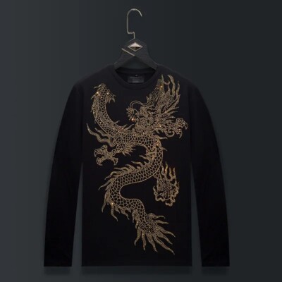 Fashion Dragon Trend Rhinestone Long Sleeve Luxury  Men T-Shirt Plus Size 6XL