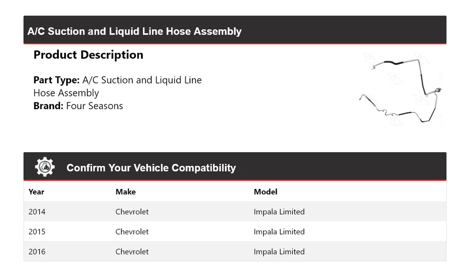 Conjunto de manguera de línea de líquido/succión de aire acondicionado para Chevrolet Impala Limited 2014-16 4 estaciones Foto 2 de 4