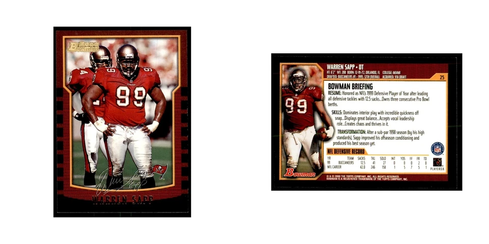 2000 Bowman Warren Sapp Football Cards #25.0 - Image 3 of 3