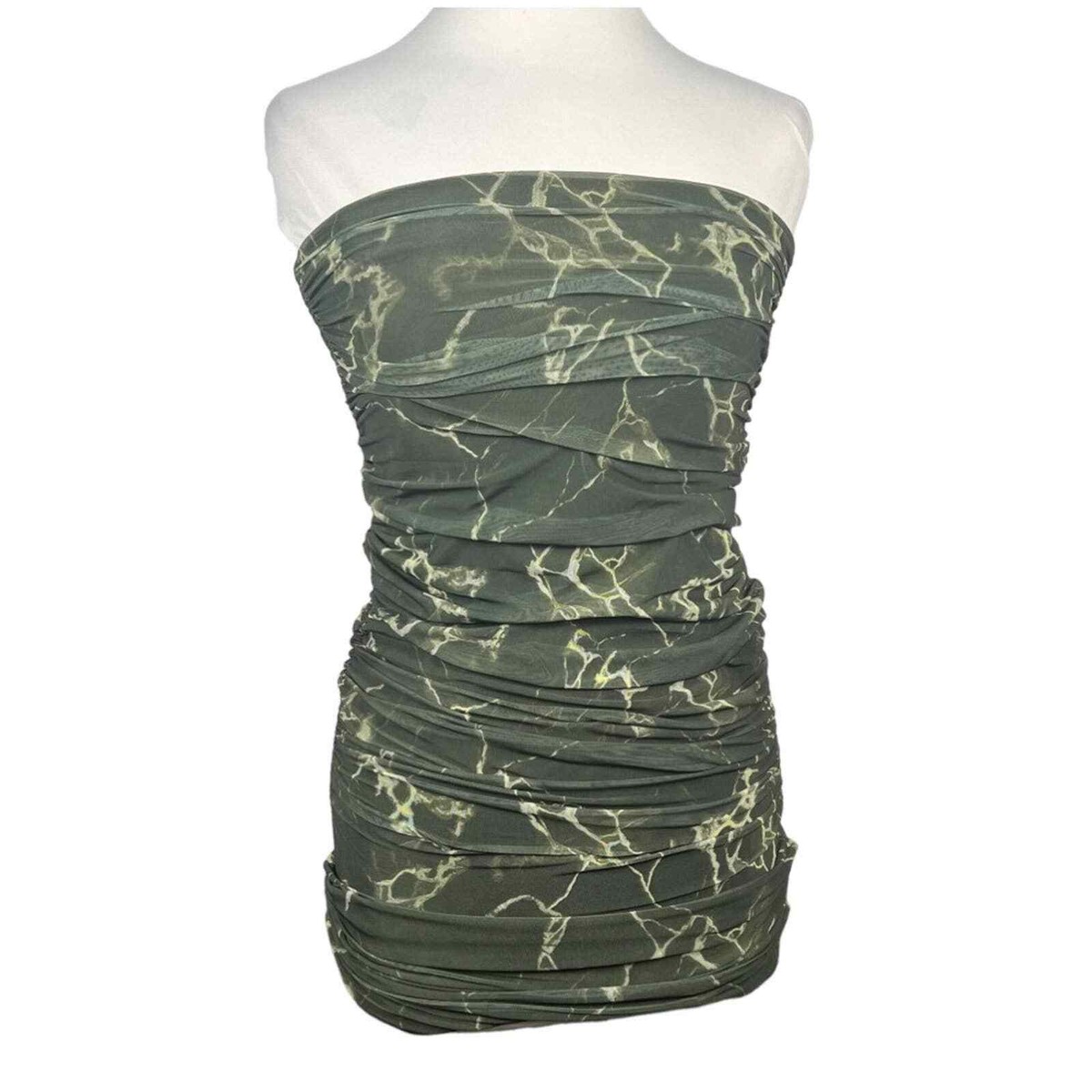 Zara Ruched Mesh Strapless Body-Con Minidress/Midi Skirt Jade Green Marble Print Zara Ruched Mesh Strapless Body-Con Minidress/Midi Skirt Jade Green Marble Print