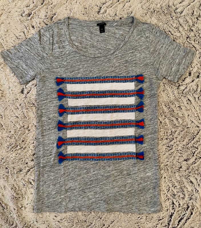 J CREW Gray Linen Embroidered Tassel Short Sleeve T-Shirt, size XXS