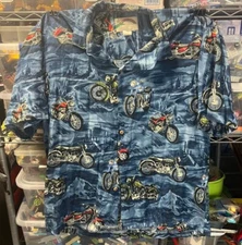 Hawaiian Aloha Motorcycle Design Men Shirt / Paradise Found / Great Condition