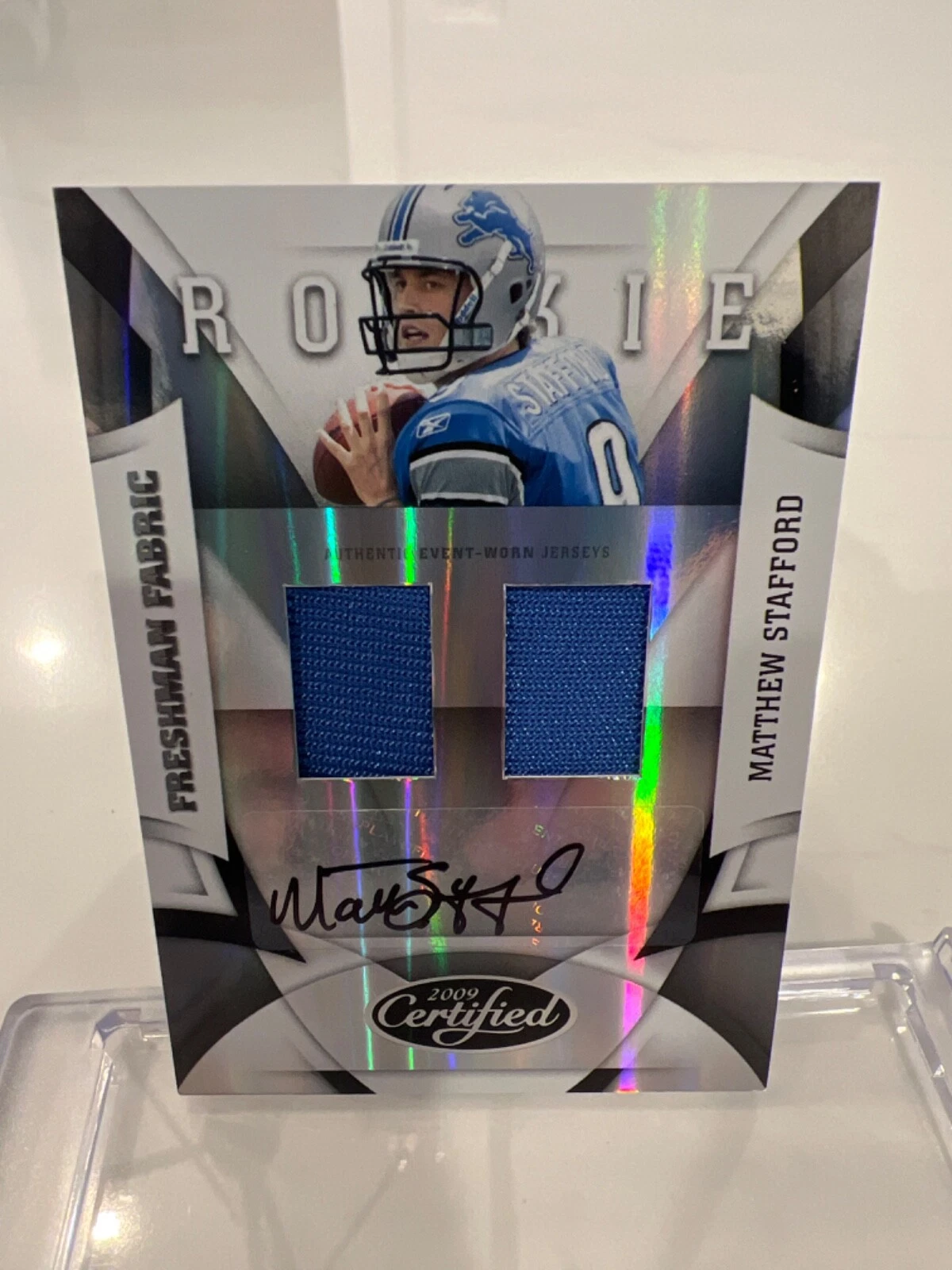 Matthew Stafford Donruss Certified #221 Jumbo Jersey- Mirror Emerald
