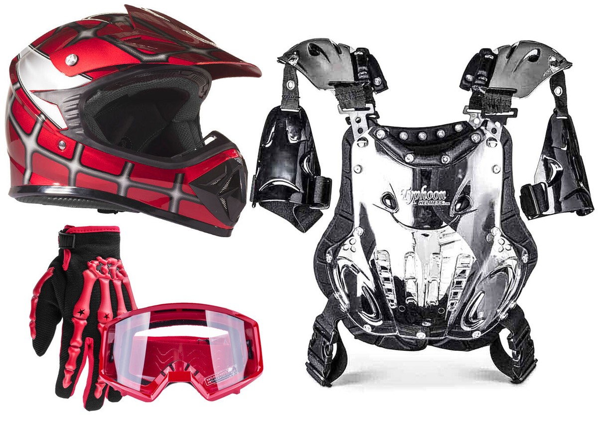 Red Web Combo Chest Protector Helmet Gloves Goggles DOT UTV ATV
