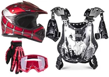 Red Web Combo Chest Protector Helmet Gloves Goggles DOT UTV ATV Dirt Bike