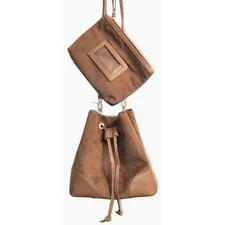 Isaac Mizrahi New York Brown Faux Suede & Leather Cinch Bucket Bag & Makeup Bag